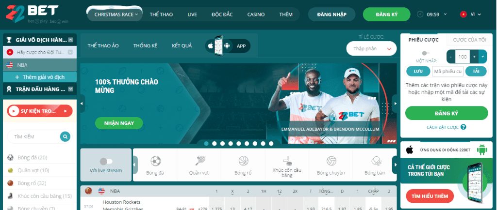 Giao diện của 22Bet Sports